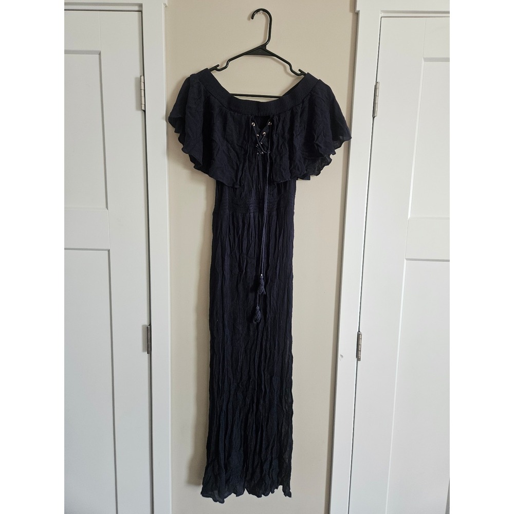 Mustard seed navy blue off shoulder flowy thin summer festive dress small